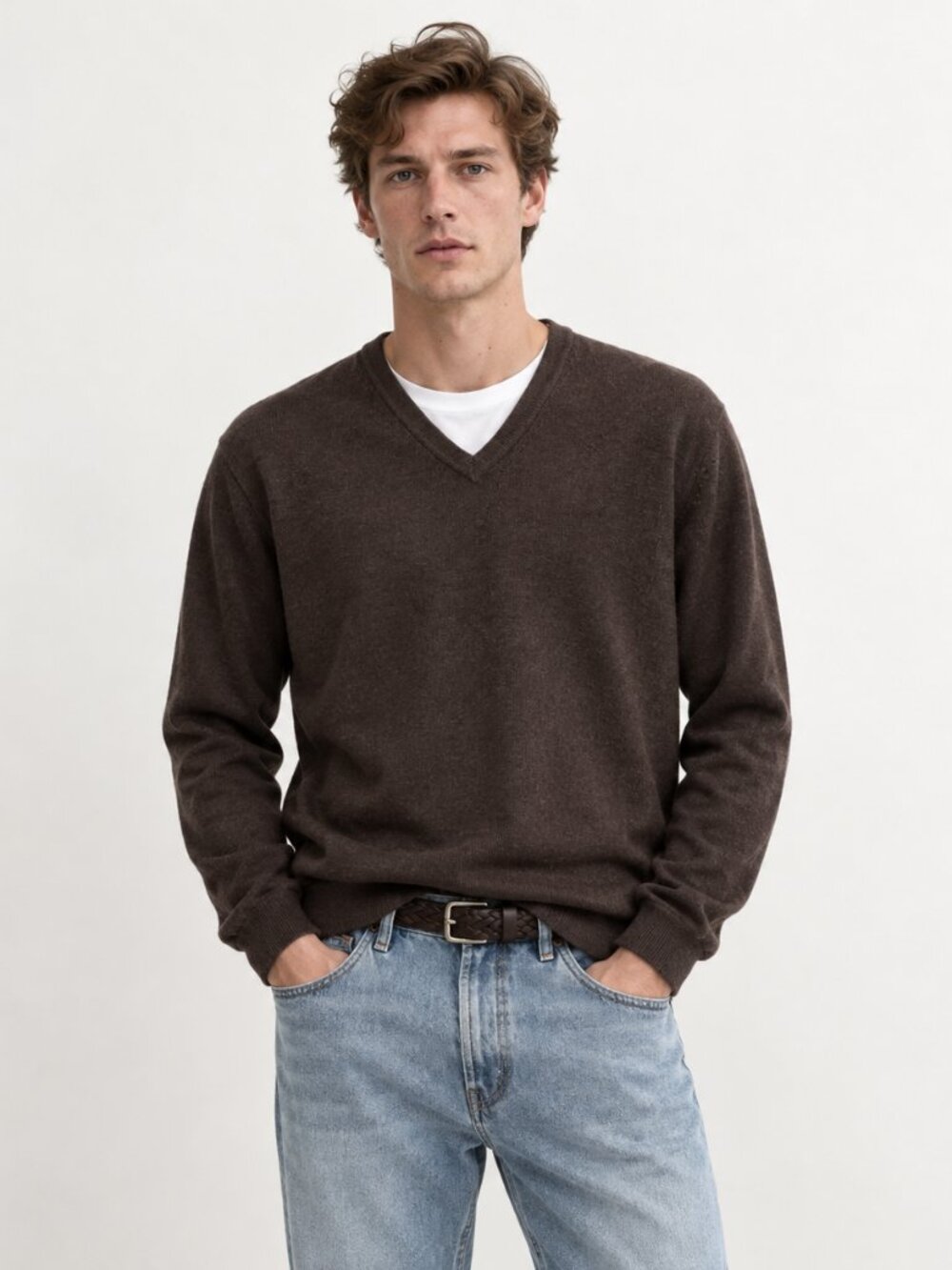 Brooks Brothers Dark Brown 100% Merino Wool V-Neck Sweater Classic Preppy (Size